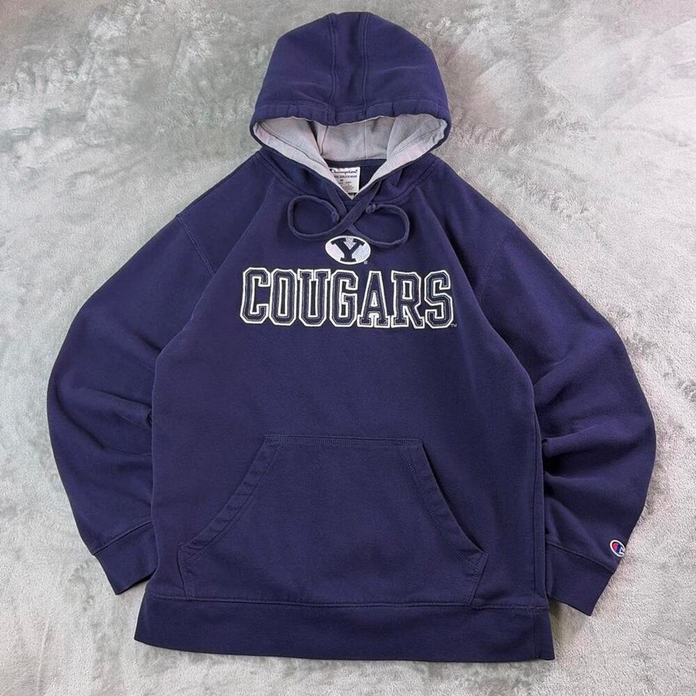 Champion BYU Cougars Hoodie Mens Medium Blue Embroidered College Sweatshirt